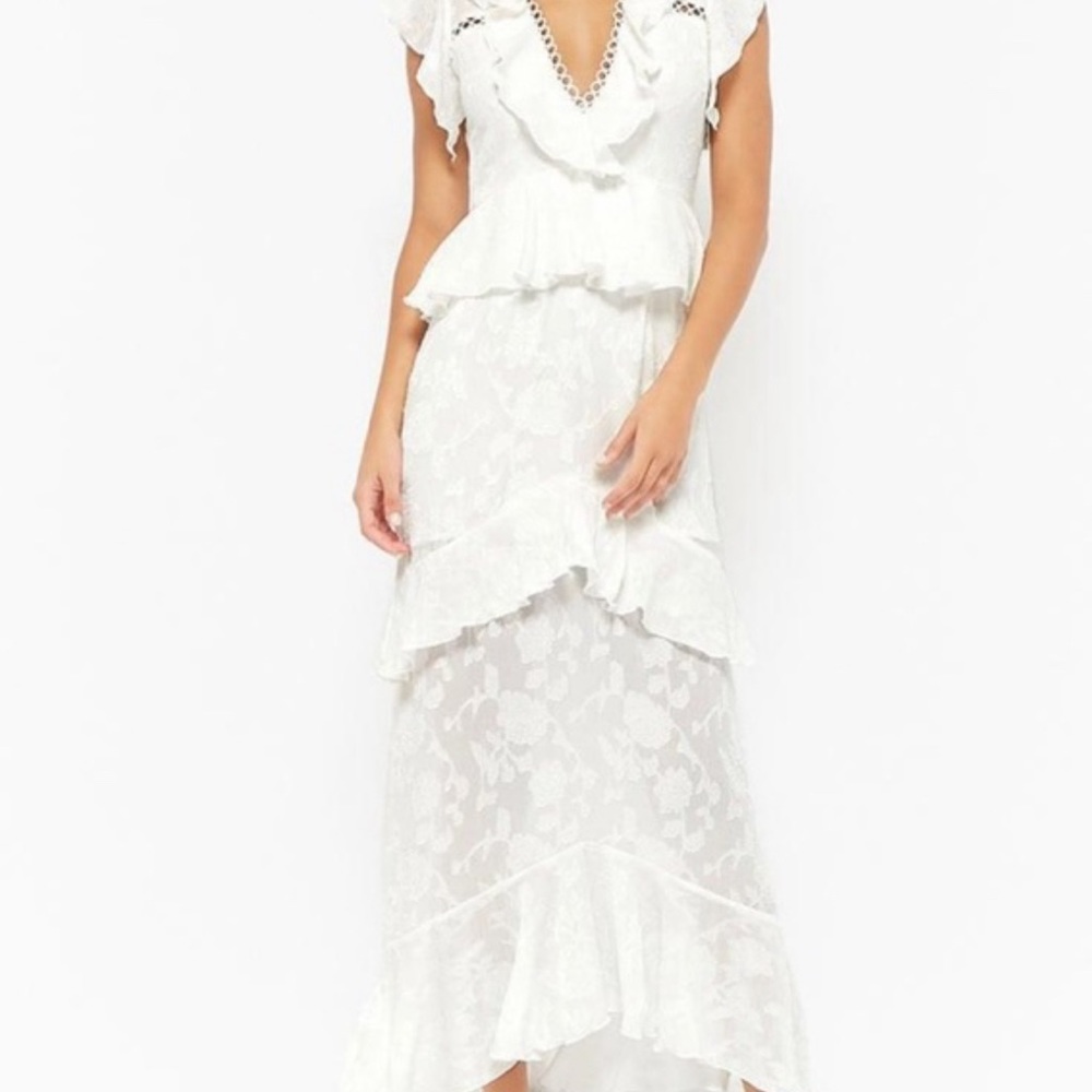 Tiered White Floral Embroidered Maxi Dress | M
